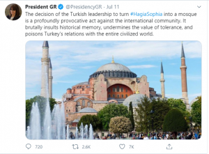 Greece President's tweet on Hagia Sophia