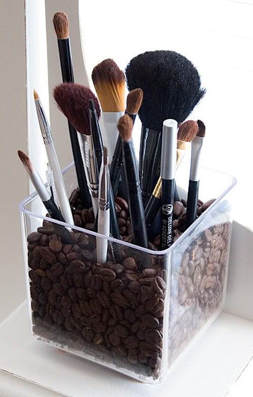 DIY repurposed coffee beans jar makeup brushes storage
