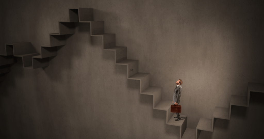 A person looking at the weirdly made stairs in hopes to find the motivation to climb them. How to choose the right career path?
