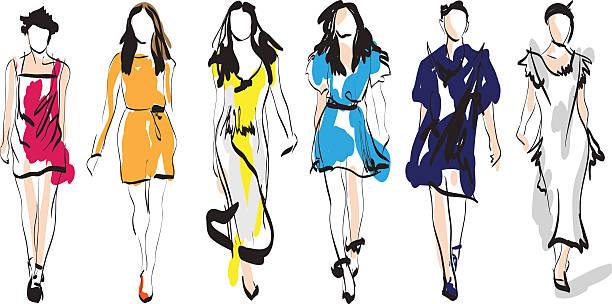 Coquis hand-drawn sketch in different attires, displaying trending fashion brands style