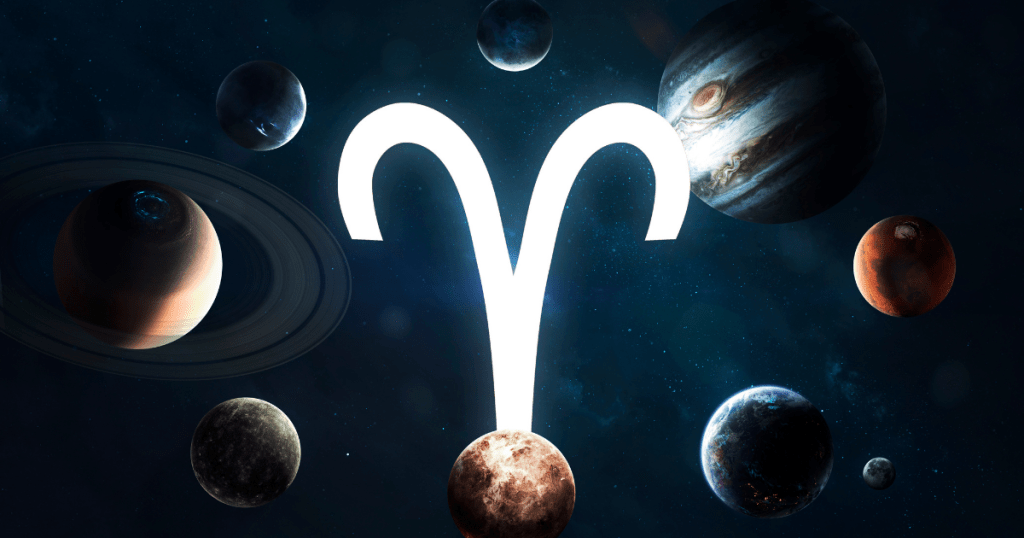 Aries Sign in space surrounded by planets. zodiac signs and how they approach people.