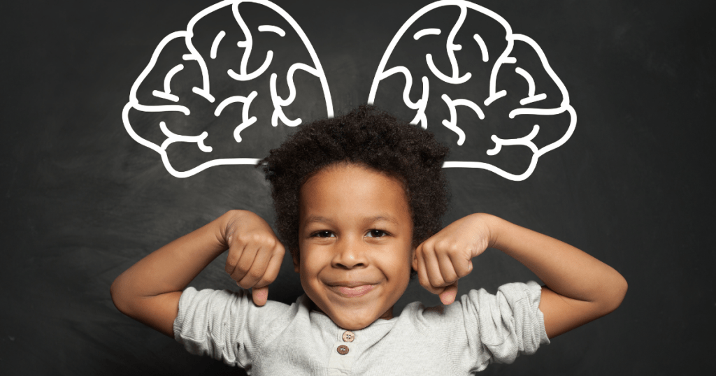 A little boy flexing his arms and a brain is drawing on the background. learning math is good for your career advancement