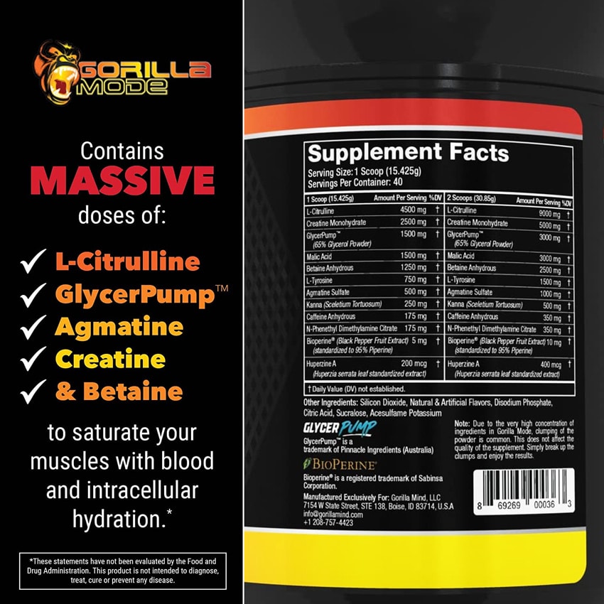 Have a look at the review of Gorilla Mode pre workout quality ingredients. 