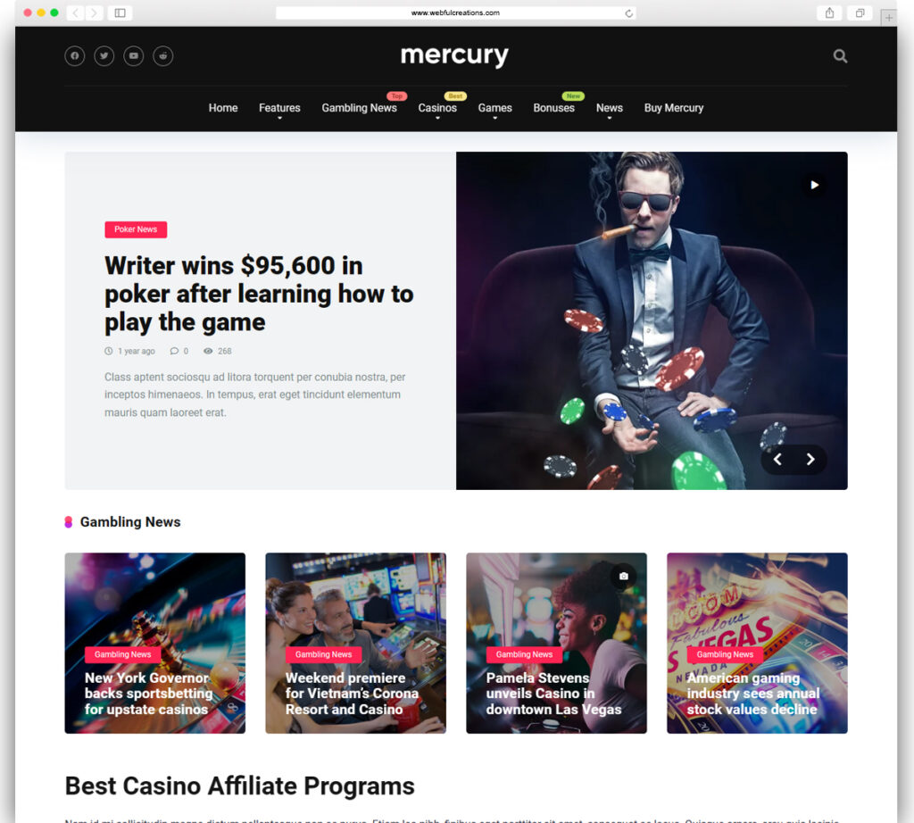 Mercury - Affiliate WordPress Theme. Casino, Gambling & Other Niches. Reviews & News