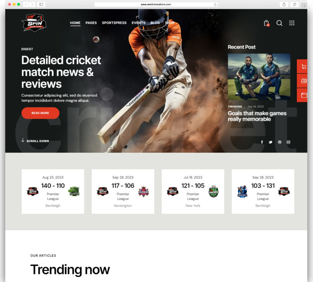 Spin - Cricket Team Sports WordPress Theme + AI