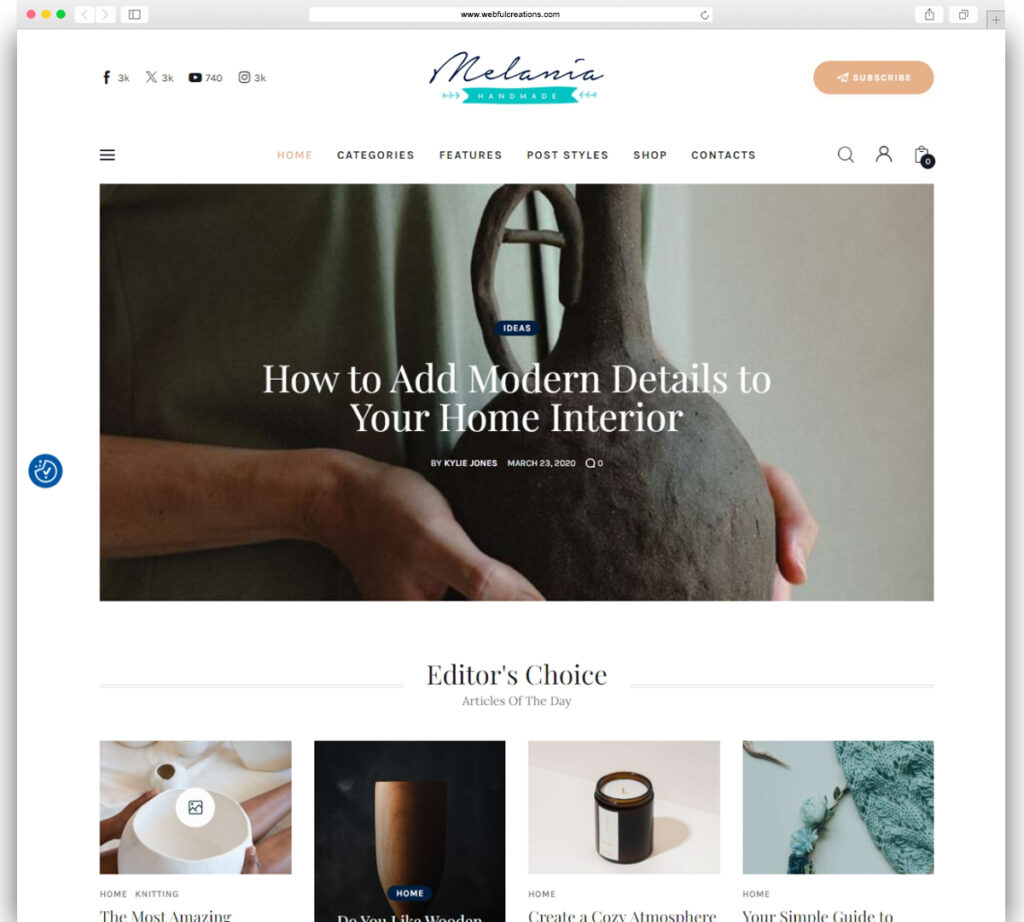 Melania | Handmade Blog & Crafts Shop WordPress Theme